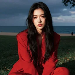 woman with long dark black hair wearing red clothing sitting in a park, beautiful, 8k, highly detailed, realistic, artgerm, sakimichan, rutkowski, trending on artstation, perfect face, portrait, high contrast, land, sea, and sky, dramatic lighting,