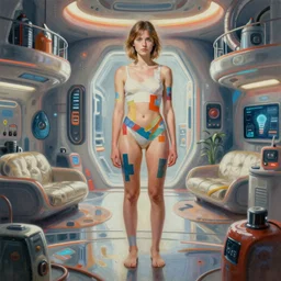 young milla jovovich wearing tape, futuristic apartment, full body, far future, sharp focus, highly detailed, trending on artstation, intricate, painting by rutkowski