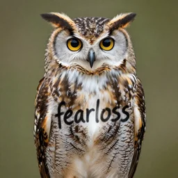 an owl with the word fearless written on its chest, highly detailed, 2 feet, photo realistic