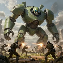army of giant green robots shoots close combat on battlefield, render, ray tracing, jakub rozalski art style, dramatic, detailed, artstation,
