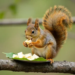 yellow squirrel on a tree branch, eating sliced bananas pieces, plate made of leaves, dslr, 4 k, telephoto, f 1. 8, shallow depth of field, frans lanting, xavier ortega, art wolfe