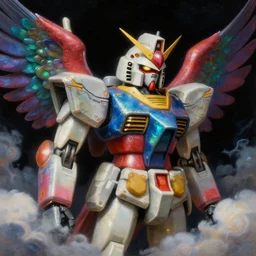 a baroque neoclassicist renaissance close - up portrait of a colorful iridescent whimsical 1 8 0 0 s japanese mecha gundam hawk bird with big glowing eyes. reflective detailed textures. puffy clouds, dark black background. highly detailed fantasy science fic tion painting by moebius, norman rockwell, frank frazetta, and syd mead. rich colors, high contrast. artstation