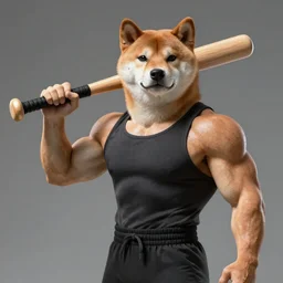 a bodybuilder with head like shiba inu holding a baseball bat. Highly detailed 8k, fantasy