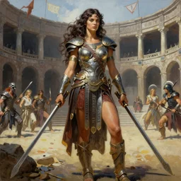 A mixed media painting of a brunette woman warrior in a coliseum, very aesthetic, detailed face and eyes, by Frank Frazetta, Boris Vallejo, Greg Rutkowski, Beeple, Yoko Taro, Christian MacNevin, epic fantasy character art, viking runes, high fantasy, CGsociety, full length, exquisite detail, post-processing, masterpiece, cinematic, coliseum backdrop