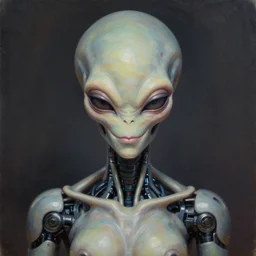 a perfectly centered and symmetrical portrait of an alien biomechanical robot buddha, female, intense stare, sarcastic smile, volumetric lighting, volumetric shadows, highly detailed, realistic oil painting by tim hilderbrandt and alex grey,
