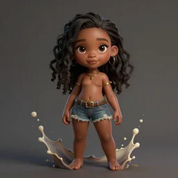 Full body, splash art by WLOP, Ilya kuvshinov, Krenz Cushart, and Greg Rutkowski, trending on artstation. Realistic fantasy cute Latina, dark skin black character, Pixar-style young girl, silky hair, wearing a red-sleeved white t-shirt with jeans, she has fire powers, her hair glows astonishing fire flames, Cinematic dramatic atmosphere of a mystic forest, sharp focus, soft volumetric studio lighting