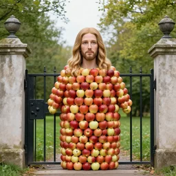 a gate made out of apples with the head of christina applegate on top