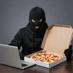 Stock photo of a human burglar wearing a Three hole ski mask using an open pizza box like a laptop computer, funny, bizzare