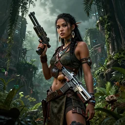 young beautiful cute tribal woman with a futuristic gun, in a post apocalyptic city overgrown with lush vegetation, by Luis Royo, by Greg Rutkowski, dark, gritty, intricate, volumetric lighting, volumetric atmosphere, concept art, cover illustration, octane render, trending on artstation, 8k