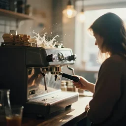 a 2 8 mm macro photo from the back of a woman standing at the espresso machine in a cozy cafe, splash art, movie still, bokeh, canon 5 0 mm, cinematic lighting, dramatic, film, photography, golden hour, depth of field, award - winning, anamorphic lens flare, 8 k, hyper detailed, 3 5 mm film grain, hazy