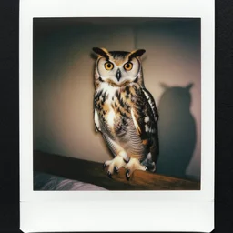a polaroid of gigant owl perched in the bed headboard, dramatic lighting, 55mm