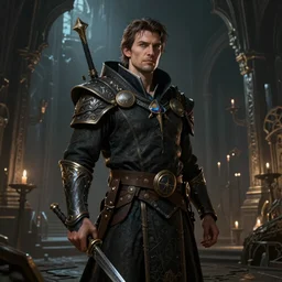 A fantasy comic book style portrait painting of a 40 year old male as a Sorcerer in a atmospheric dark fortress, unreal 5, DAZ, hyperrealistic, octane render, RPG portrait, ambient light, dynamic lighting