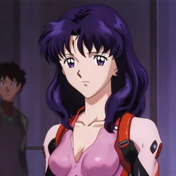 lighting by james gurney. screenshot of a scene in neongenesisevangelion of miss katsuragi misato painted by norman rockwell. shoulderlength wavy dark purple hair. trendy 1 9 9 0 s attire. ro 3. digital. trending on artstation. masterpiece. contributions by mangakas kaoru mori, tsukasa ho