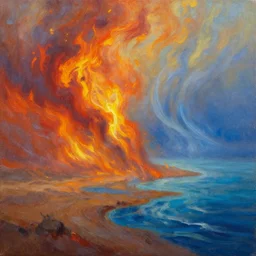 landscape oil painting consisting of fire, earth, wind and water