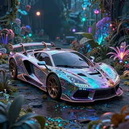 a fancy alien sports car abandoned on magical biome, luminescent, neon, unreal render, unreal engine 5, octane render, enchanted plants, cinematic, intricate, ornate, photorealistic, ultra detailed, realistic, 1 0 0 mm, photography, octane, high definition, depth of field, bokeh, 8 k, behance, trending on artstation