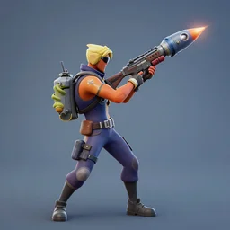 fortnite character, side view, with a rocket luncher in the air, no background
