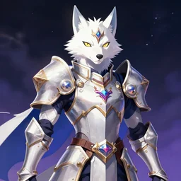 albino anthro wolf wearing magical fantasy armor, fursona, anthro, anime key visual, detailed armor, makoto shinkai, portrait