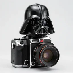 photograph of a medium format camera!!! that looks like Darth Vader's helmet . very detailed. plain background. 8K . still life photo. elegant design.