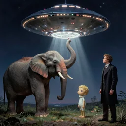 UFO picking up an Elephant, Edward Hopper and James Gilleard, Zdzislaw Beksinski, Mark Ryden, Wolfgang Lettl highly detailed, hints of Yayoi Kasuma