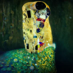 a beautiful effervescent, glowing, elaborate, lake with lillies, an underwater goddess climbs the sea kelp to reach the surface, she wears a swimming gold costume, her hair is massive, by edward hopper, klimt gothic, maurice sendak, made in hyperrealistic 3 d, dark green colours, nighttime