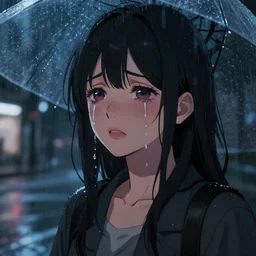 anime girl crying with tears on all of her face, rainy day, urban setting at night, highly detailed, trending on Artstation, Unreal Engine 4k, cinematic wallpaper by Stanley Artgerm Lau, WLOP, Rossdraws, James Jean, Andrei Riabovitchev, Marc Simonetti, and Sakimichan