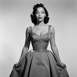 the image is a black and white photograph of a beautiful african - american and mexican mix actress from the 1 9 5 0 s. she is wearing a sleek, form - fitting dress with a plunging neckline and a wide, flirty skirt. her hair is styled in a classic 1 9 5 0 s bouffant, and her lips are painted a bright red. she looks like she
