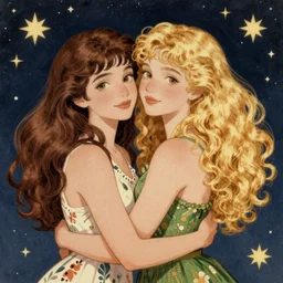 vintage illustration of two tomboy women embracing under the stars, one with long brown hair and one with long blonde curly hair, 4 k post - processing highly detailed by wlop, junji murakami, mucha klimt, sharandula, hiroshi yoshida, artgerm, craig mullins