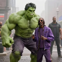 4 k still of a 2 0 2 2 award - winning marvel movie where ( ( muscular green!!! snoop dogg plays the hulk ) ). depth of field, fog and atmosphere in the background. hyper detailed, 4 k, high quality, smooth, sharp focus