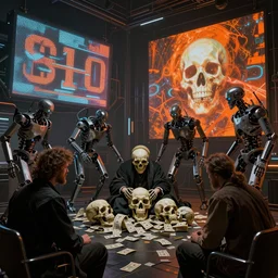 futuristic neon lit scene of death of the money lenders, robot cyborgs, futuristic oil painting by rembrandt and jeff koonz, ( ( led panel screens and projections ) ), intricate details, ( ultra realistic ), dynamic lighting, black and orange colour palette, octane render