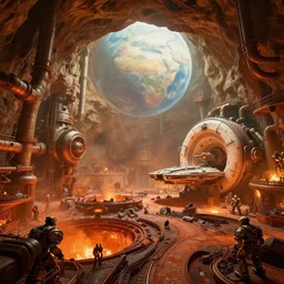 a gigantic cave interior with bulbous planetarium interior of the matrix nebuchadnezzar biomechanical gieger, 3d rendered steampunk, iron smelting pits, high tech industrial and maschinen krieger, warm saturated colours, mri machine millennium falcon space-station Vuutun Palaa with massive piping inspired by a nuclear reactor submarine, ilm, beeple, star citizen halo, mass effect, starship troopers, elysium