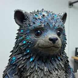 photo taken of an epic intricate, ultra detailed, super realistic gritty, wet, lifelike sculpture of an cute furry monster with bioluminescent patches of skin created by weta workshop, zoomed in shots, subsurface scattering, photorealistic, sharp focus, white wall coloured workshop, cold colour temperature, f 0. 4, face centred, golden ratio