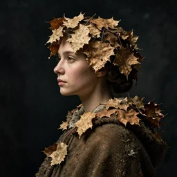 a woman's face in profile, wearing a cascade of dry leaves, and a cloak, in the style of the dutch masters and gregory crewdson, dark and moody