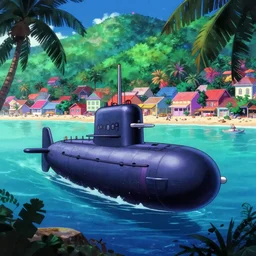 lush tropical sea saturated vaporwave colors matte animation cel still of a submarine in the bay seaside town detailed 1 9 9 0 anime sharp, rendered in unreal engine 5, anime key art by greg rutkowski, bloom, dramatic lighting