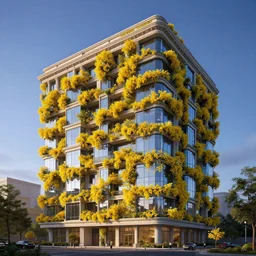 multistory building, full of yellow flowers flowers, glass openings, housing architecture, classical architecture, brutalist architecture, blue hour, archviz, cgi, trending on artstation, architecture visualization, corona renderer, unreal engine, ray tracing, cinematic