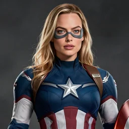 Margot Robbie as Captain America, highly detailed, 4k HD, hyper-realistic, digital art