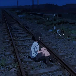 anime girl with short black hair, sits on an abandoned railway track, at midnight, clear sky, view from above, digital concept art illustration by akihiko yoshida and jean baptiste monge and makoto shinkai and wlop and wadim kashin and tsutomu nihei, 4 k artstation