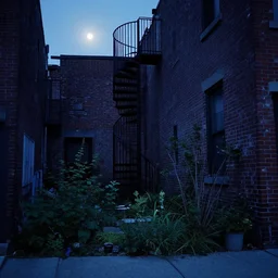 small overgrown urban garden at twilight in Montreal backalley, brick wall, metal spiral staircase, overcast sky, moonlight, volumetric lighting, cell-shading, blue and black color scheme