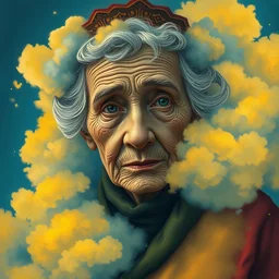 old ukrainian woman!!!! fully covered in yellow and blue clouds!!!, disarming, enchanting, fragile, hopeful, cloudcore, portrait, gapmoe yandere grimdark, trending on pixiv fanbox, painted by makoto shinkai takashi takeuchi studio ghibli, akihiko yoshida