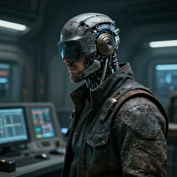 a masked rugged engineer man with cybernetic enhancements in a control room, scifi character portrait by greg rutkowski, esuthio, craig mullins, 1 / 4 headshot, cinematic lighting, dystopian scifi gear, gloomy, profile picture, mechanical, half robot, implants, dieselpunk