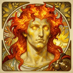 the god hephaestus, old man, fiery hair, glowing eyes, volumetric lights, yellow and red scheme, art nouveau botanicals, gothic, intricate, highly detailed, digital painting, artstation, concept art, smooth, sharp focus, symmetric face, illustration, steampunk, art by artgerm and greg rutkowski and alphonse mucha