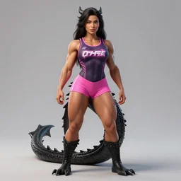 beautiful portrait of a muscular tan female human with black dragon legs dragon wearing pink booty shorts and a gamer tanktop. character design by rj palmer. detailed, soft lighting, rendered in octane