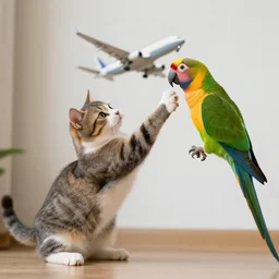 cat that is a plane attacks a parrot