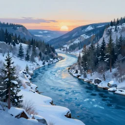 digital painting of a lush river valley by gerald brom. blue river. cold icy winter day. sunset. chiho aoshima. digital render. detailed. beautiful landscape.