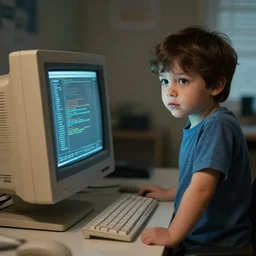 0 0 s kid looking at you standing besida an old computer monitor, trending on artstation