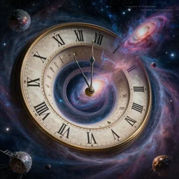 Spiralling Through Time, Time Travel, Roman Numerals, Realistic Clock, by Victo Ngai, Benoit B. Mandelbrot and Michael Kaluta, Visions of Timelines, Past, Future and Present, Time Travel, Strange, Space, Cosmic, Nebula, Galaxy, Wormhole, Holographic Cosmic Clock by Dan Witz, 4K 64 megapixels 8K resolution DSLR HDR Cinema 4D IMAX detailed hyperdetailed photorealistic concept art detailed painting deviantart hyperrealism trending on Artstation Unreal Engine, Incredible Depth