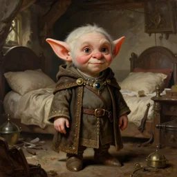 classic oil painting, an adorable goblin that is wearing medieval robes, as a dnd character, inside a cluttered bedroom, cottagecore, highly detailed, digital illustration, concept art, smooth, sharp focus, art by brothers hildebrandt