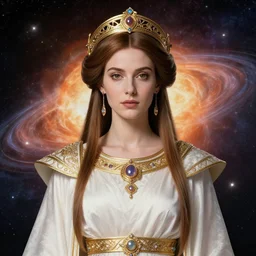 portrait of the powerful empress of the solar system in the style of edmund blair leighton. glowing, ornate and intricate linework, sharp focus, depth of field, stunning, dynamic lighting, ultrafine and hyperdetailed.