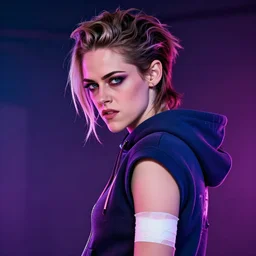 a 1 9 tomboy gorgeous cyberpunk goddess in hoodie with bandage on her arm, side portrait, kristen stewart, angry, striking, defiant, spotlight, vibrant colors, elegant, beautiful eyes, by marco paludet and gianni strino and marion bolognesi