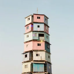 a tower made up of makeshift squatter shacks with pastel colours, mamiya, 8 5 mm, f 1. 7, fully frontal view, uniform plain sky, light leaks, digital glitches, photographed by julie blackmon