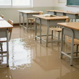photo of a classroom, the floor is flooded with one meter deep water